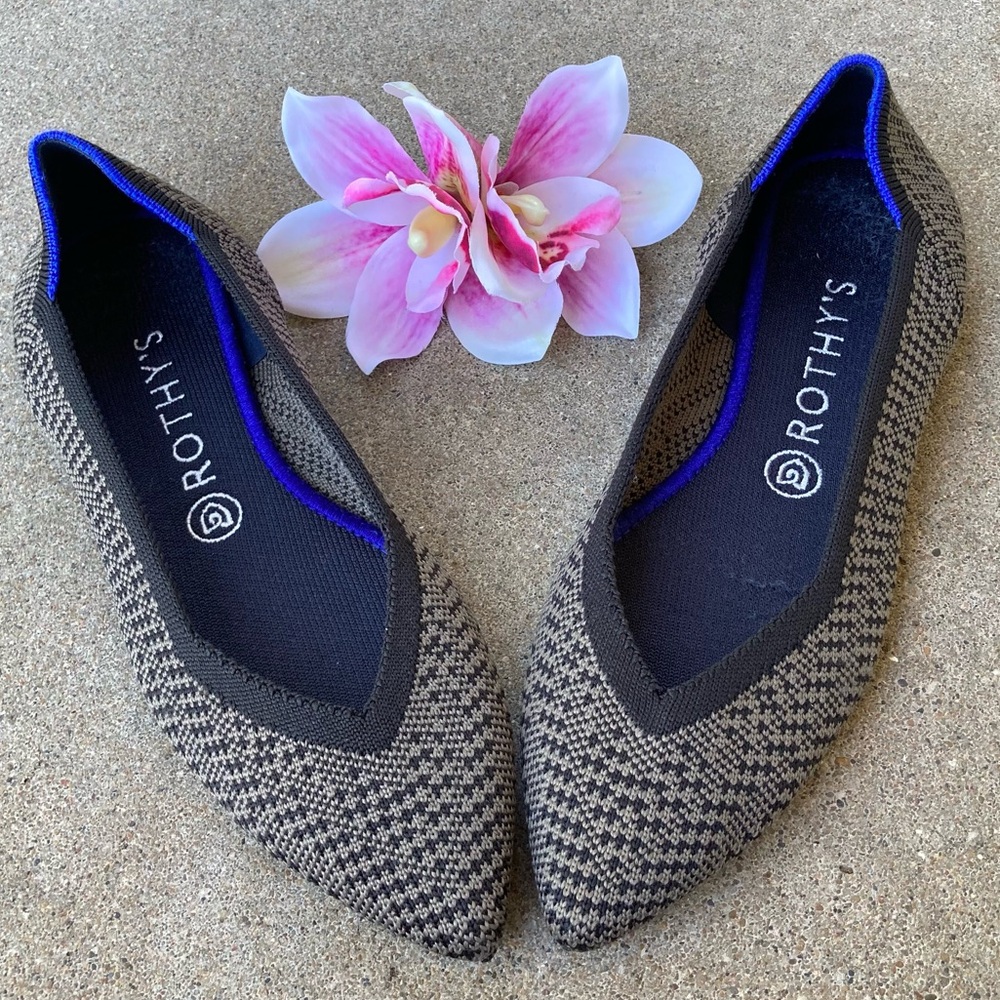 Rothy's Brown and Black Pointed Knit Flats with Blue Trim